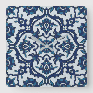 Blauw Portugees Azulejos Floral Tile Pattern Vierkante Klok