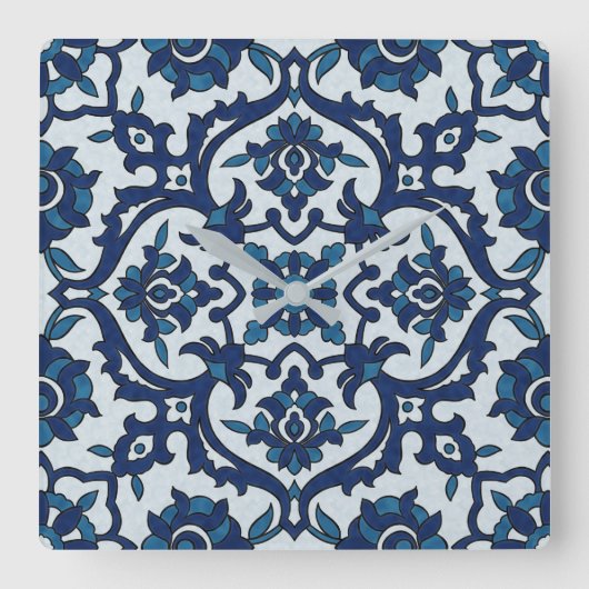 Blauw Portugees Azulejos Floral Tile Pattern Vierkante Klok (Voorkant)