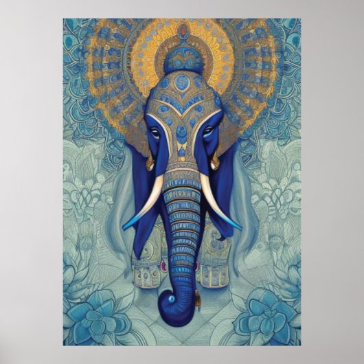 Blauw Poster met olifant (Voorkant)