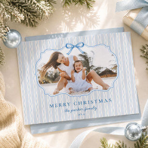 Blauw preppy kerst tikkerende streep familie foto feestdagenkaart