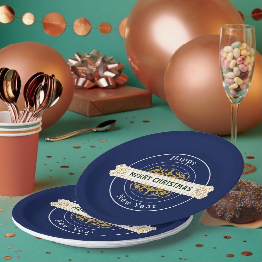 Blauw prettig kerstfeest, gelukkig nieuwjaar papie papieren bordje (Multi)
