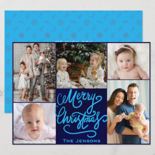 Blauw prettig kerstfeest vijf schattige familiefot feestdagenkaart