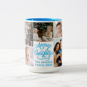 Blauw prettig kerstfeest vijf schattige gezinsfoto tweekleurige koffiemok