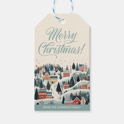 Blauw prettig kerstfeest winterdorp vakantiedagen cadeaulabel (Voorkant)