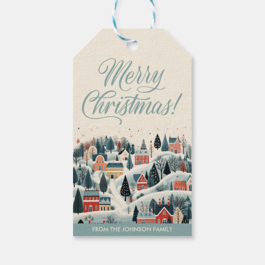 Blauw prettig kerstfeest winterdorp vakantiedagen cadeaulabel (Achterkant)