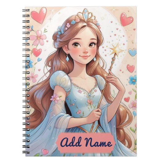 Blauw Princesse Notitieboek – Bewerkbare Naam (Voorkant)