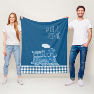 Blauw puffende stoomtrein whimsie grafisch fleece deken