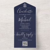 Blauw QR-code Script Anker Zeevaart Bruiloft All In One Uitnodiging (Binnen)