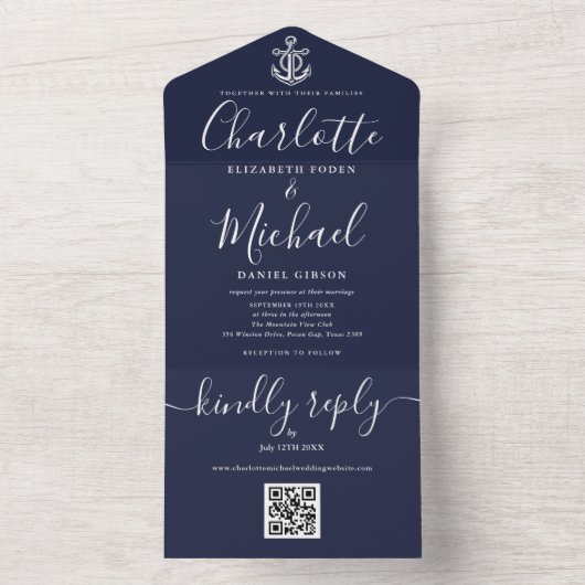 Blauw QR-code Script Anker Zeevaart Bruiloft All In One Uitnodiging (Binnen)