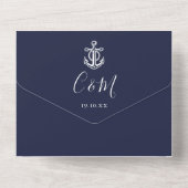 Blauw QR-code Script Anker Zeevaart Bruiloft All In One Uitnodiging (Achterkant)