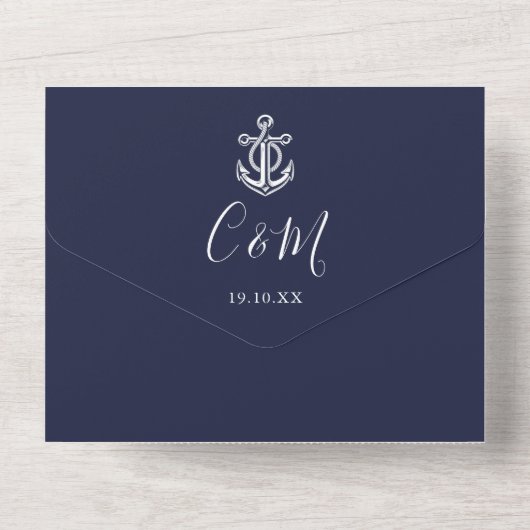 Blauw QR-code Script Anker Zeevaart Bruiloft All In One Uitnodiging (Achterkant)