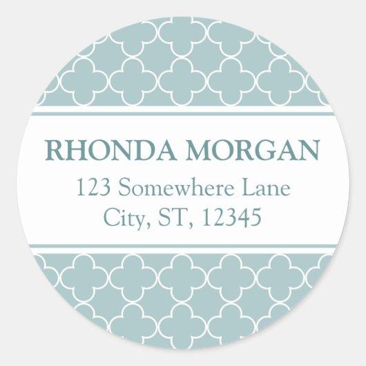 Blauw Quatrefoil Adresetiketten Ronde Sticker (Voorkant)