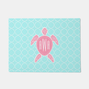 Blauw Quatrefoil + Roze Zee Turtle Monogram Doorma Deurmat