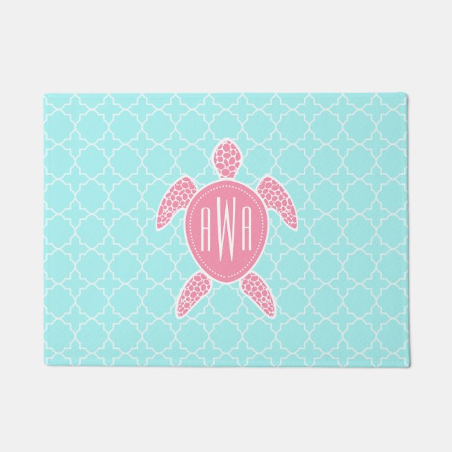 Blauw Quatrefoil + Roze Zee Turtle Monogram Doorma Deurmat (Voorkant)