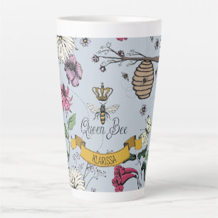  Blauw Queen Bee, Royal Gold Crown & Scroll Latte Mok