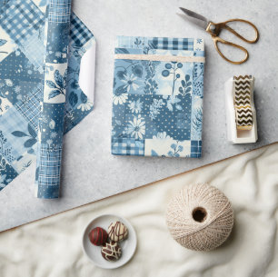 Blauw Quilt Gingham Cottagecore Bloemmotief Cadeaupapier