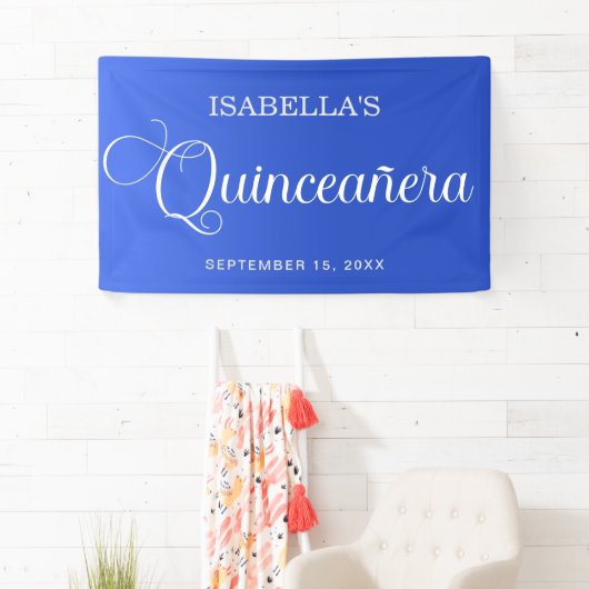 Blauw Quinceañera Verjaardag Elegant Script Spandoek (Insitu)