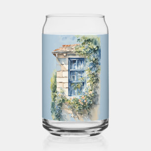 Blauw raam stenen muur cottage klimop blikvorm glas