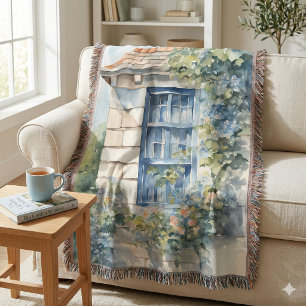 Blauw Raam Stenen Muur Cottage Klimop Deken