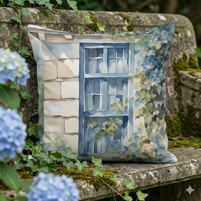 Blauw raam stenen muur cottage klimop kussen (Blue Window Stone Wall Cottage Vines Throw Pillow Mockup C)