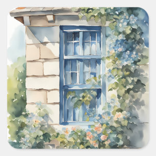 Blauw raam stenen muur cottage klimop vierkante sticker