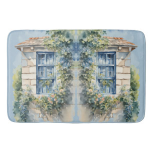 Blauw raam stenen muur cottage wijnstokken badmat