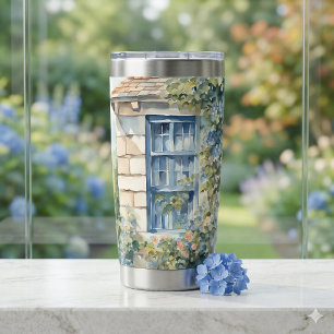 Blauw Raam Stenen Muur Cottage Wijnstokken Geïsoleerde Drinkbeker