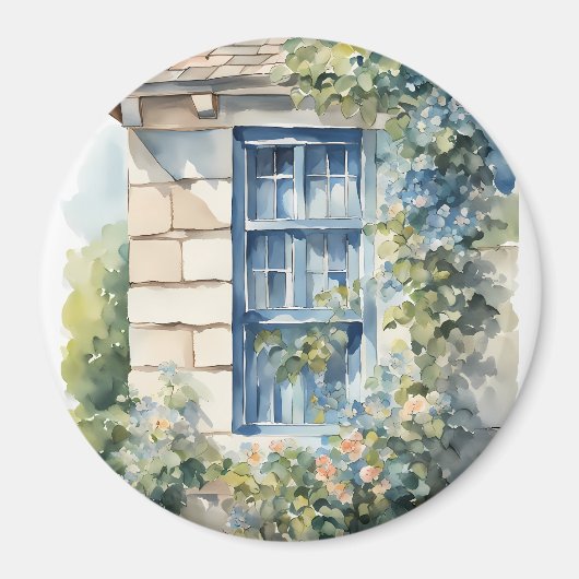 Blauw raam stenen muur cottage wijnstokken magneet (Voorkant)