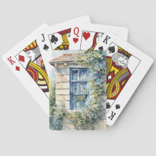 Blauw Raam Stenen Muur Cottage Wijnstokken Pokerkaarten