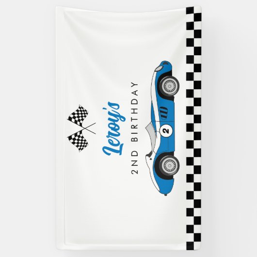  Blauw Race Auto Jongen 2e Verjaardagsfeest Spandoek (Verticaal)