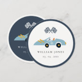 Blauw Race Auto Kinderen Verjaardag Cupcake Topper Kaart (Voorkant / Achterkant)