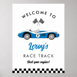 Blauw Race Car Boy 2e Verjaardag Welkom Poster