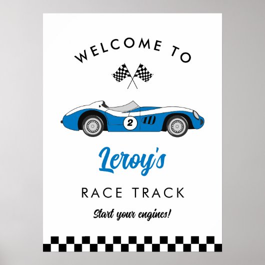 Blauw  Race Car Boy 2e Verjaardag Welkom Poster (Voorkant)