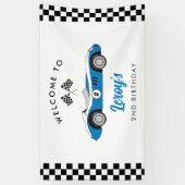 Blauw Race Car Boy 2e Verjaardag Welkom Spandoek (Verticaal)