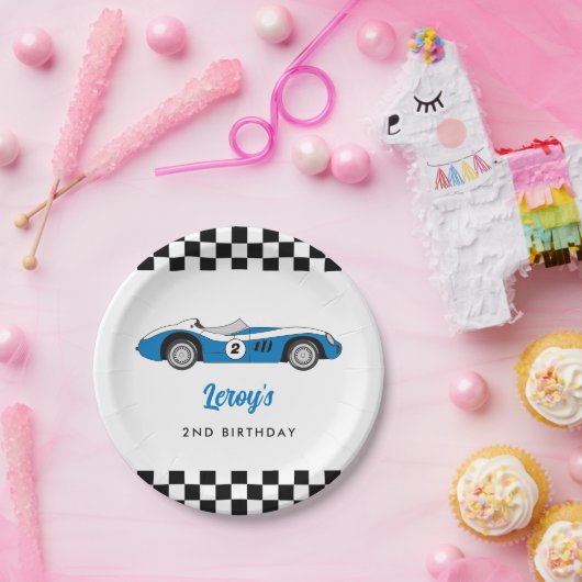 Blauw  Race Car Boy 2e Verjaardagsfeestje Papieren Bordje (Feest)