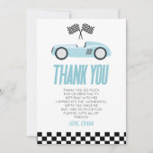 Blauw raceauto raceauto verjaardagsfeestje bedankkaart (Voorkant)