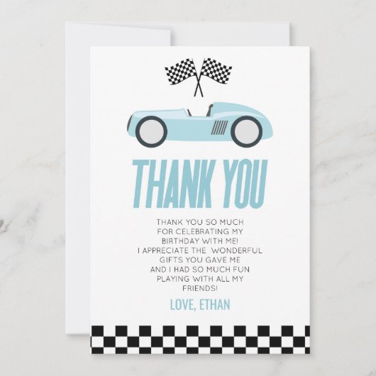Blauw raceauto raceauto verjaardagsfeestje bedankkaart (Voorkant)