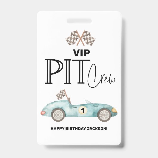 Blauw raceautobirthday, elke leeftijd, VIP PIT CRE Badge (Voorzijde)