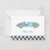 Blauw raceautodecoratie bedankt notitiekaartje (Voorkant)