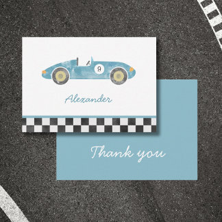 Blauw raceautodecoratie bedankt notitiekaartje