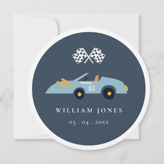 Blauw raceautokinderen verjaardag Cupcake Topper D Kaart (Achterkant)