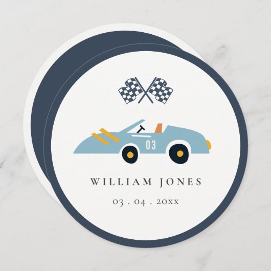 Blauw raceautokinderen verjaardag Cupcake Topper D Kaart (Voorkant / Achterkant)