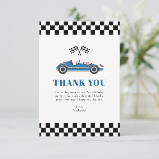 Blauw raceautootje verjaardag plat dankkaart bedankkaart (Staand voorkant)