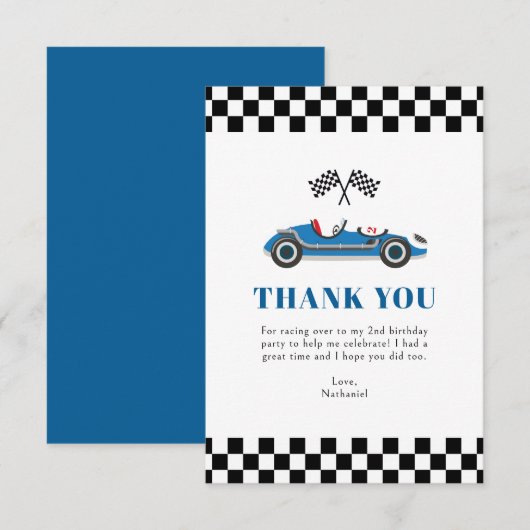 Blauw raceautootje verjaardag plat dankkaart bedankkaart (Voorkant / Achterkant)