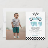 Blauw Racecar Race Auto Custom Foto Verjaardagsfee Bedankkaart (Voorkant)