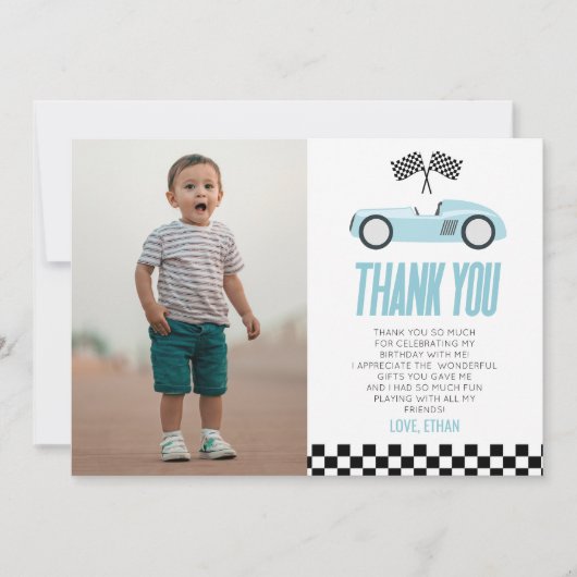 Blauw Racecar Race Auto Custom Foto Verjaardagsfee Bedankkaart (Voorkant)