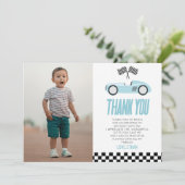 Blauw Racecar Race Auto Custom Foto Verjaardagsfee Bedankkaart (Staand voorkant)