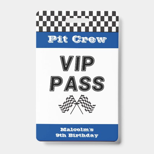 Blauw Racing Party Pit Crew VIP Pas Pit Stop Badge (Voorzijde)