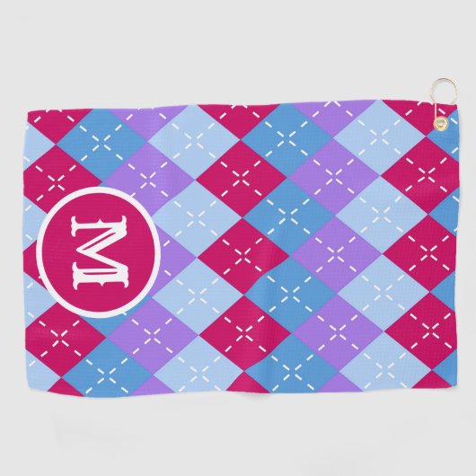 Blauw Raspberry Lavendel Magenta Argyle Personalis Golfhanddoek (Horizontaal)
