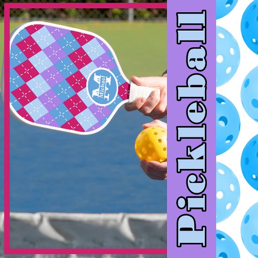 Blauw Raspberry Lavendel Magenta Argyle Personalis Pickleball Paddle